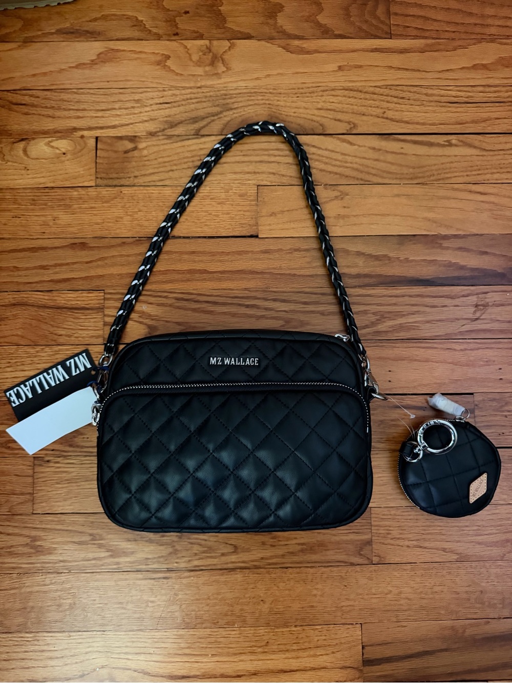 New NWT MZ Wallace Black Leather Quilted Camera Bag Purse Tote Coin Round Chain